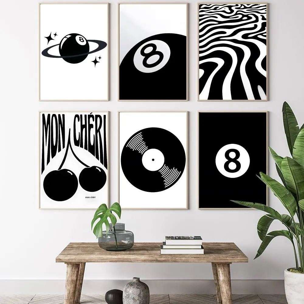 Black and white billiard cat record player Painting Calligraphy HD Canvas Poster living room bedroom bar aesthetic decoration