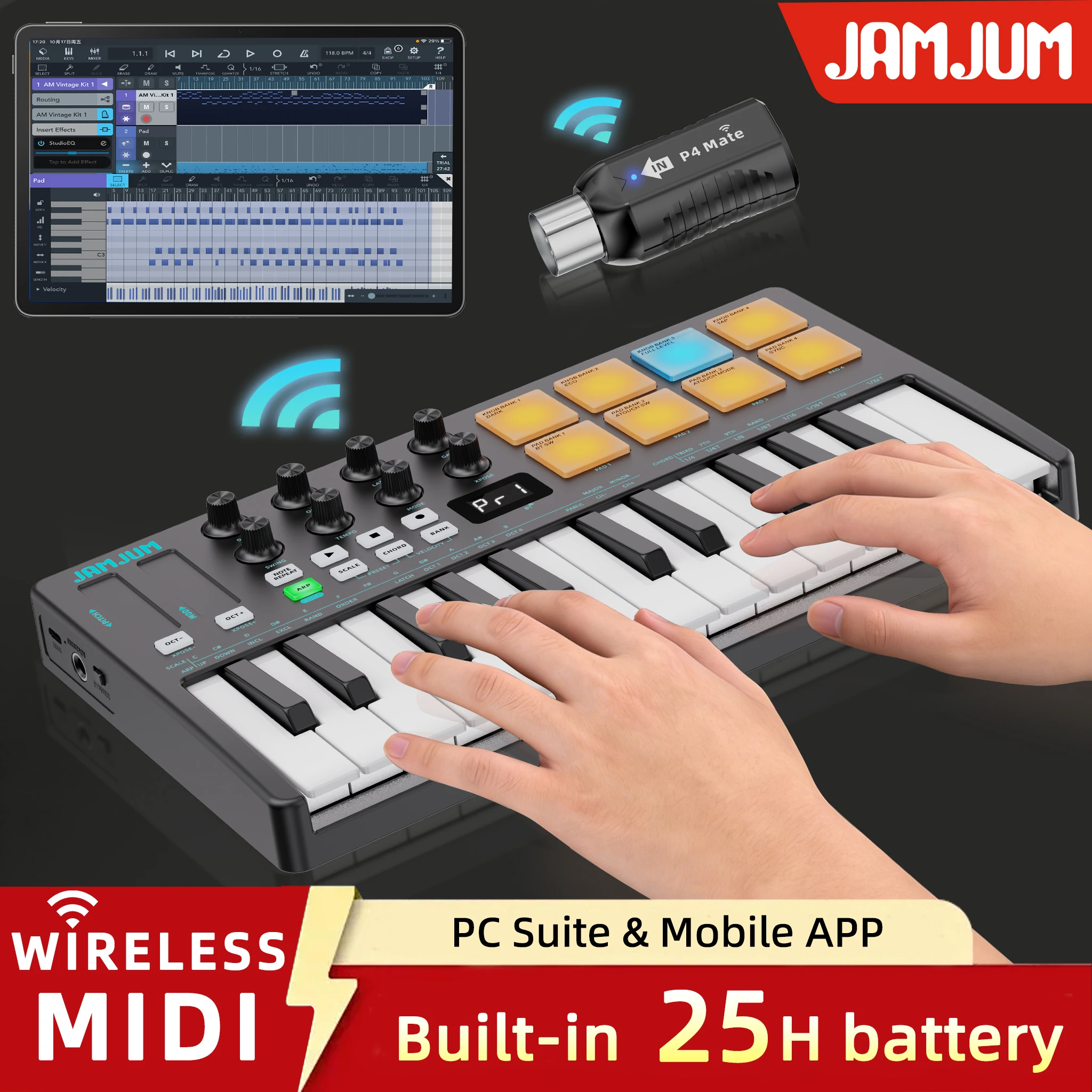 

JAMJUM MIDI Pad Controller Keyboard USB Mini 25 Key,16 RGB Drum Pads,8 Knobs and Music Production,Software Included