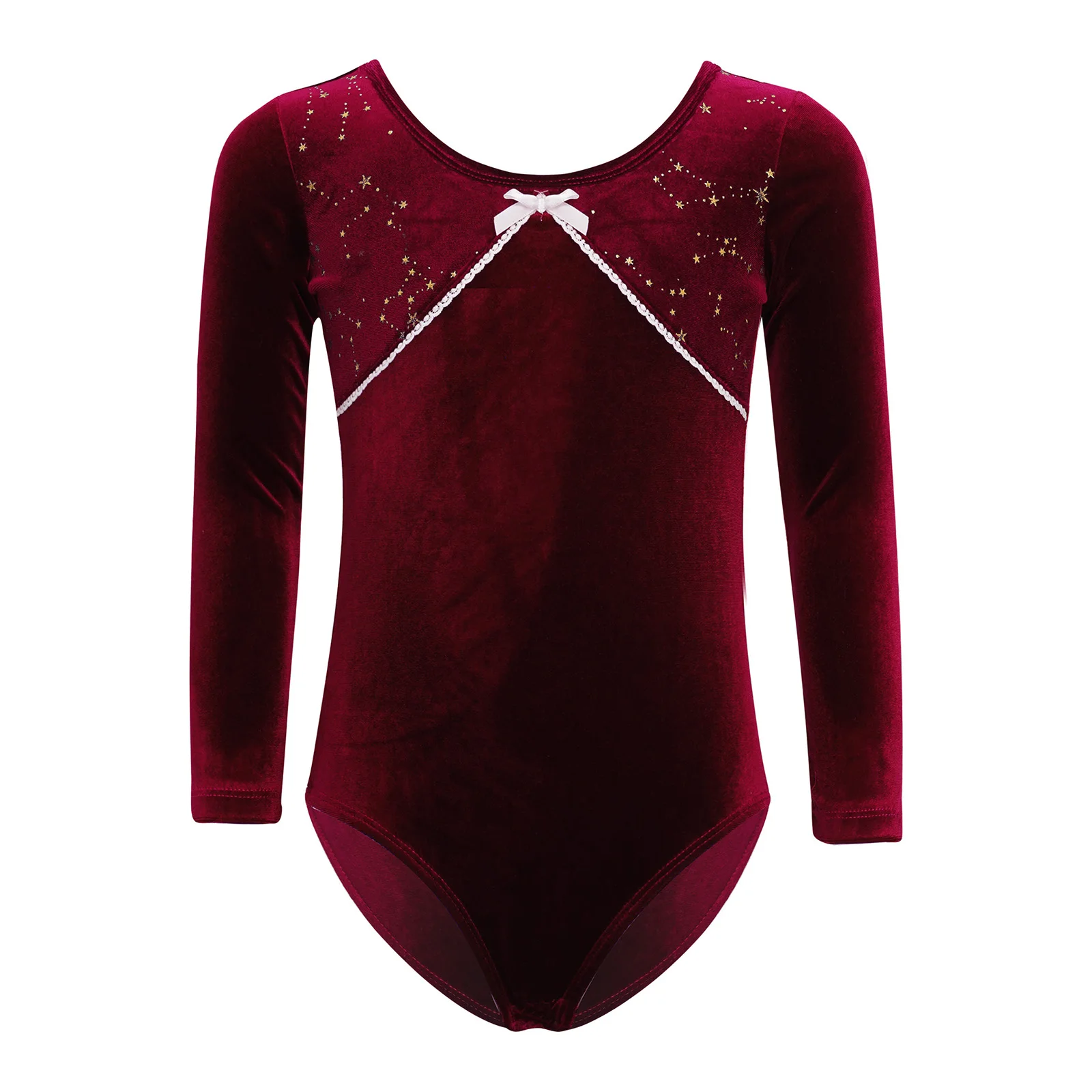 

Kid Girls Velvet Leotard Ballet Gymnastic Unitards Ballerina Costume Long Sleeve Bowknot Lace Trim Bodysuit for Dancing Practice