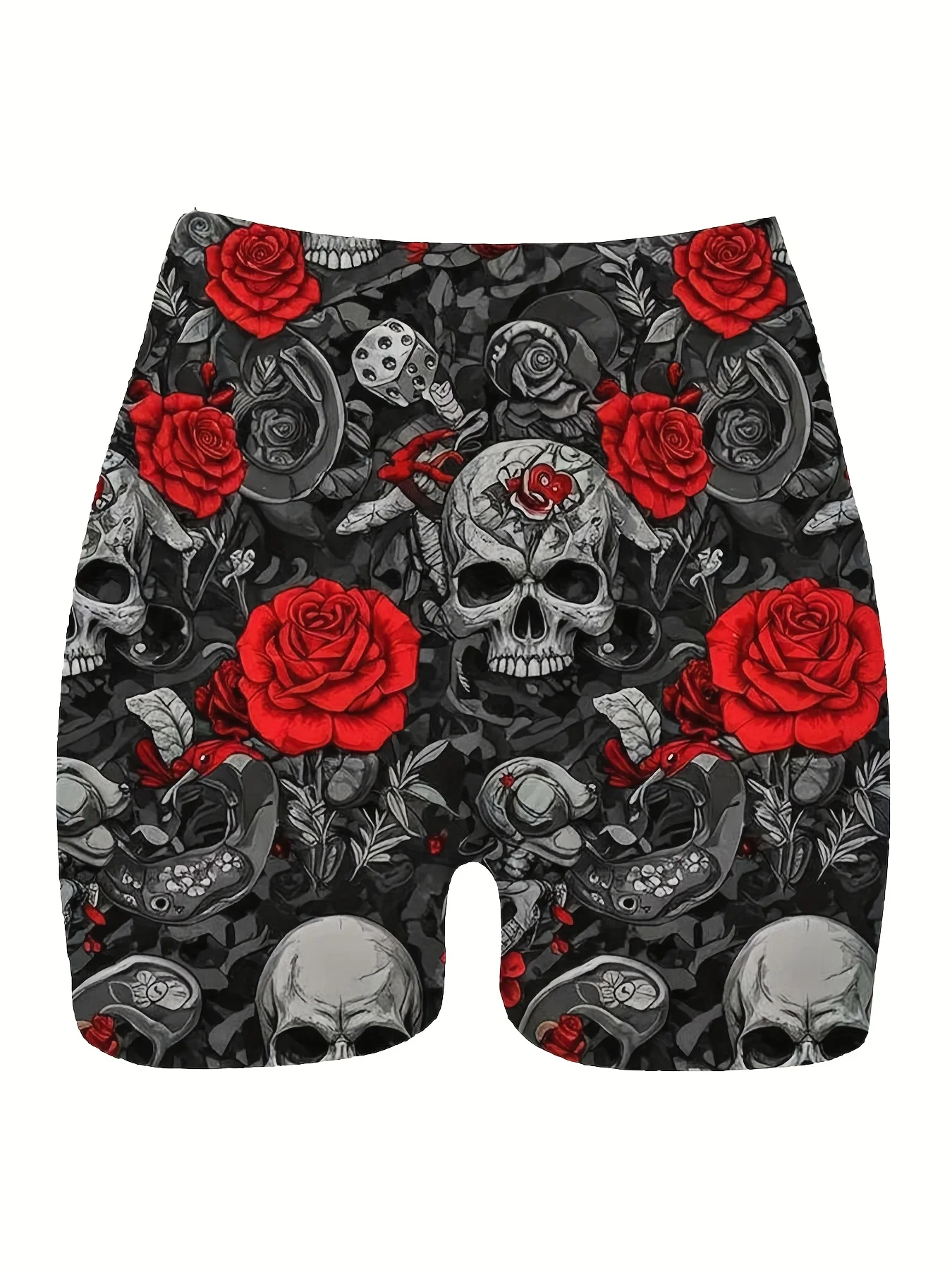Romantic Skull Rose Women'S High-Waisted Skinny Skull Print Design Shorts Stretchy Leggings-like Fit, Edgy Gothic Punk Style