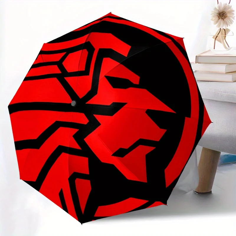 

1pc Lion Emblem Automatic Open/Close All-Season Portable Folding Umbrella - Red & Black Lion Head Design, 8-Rib Durable Frame,