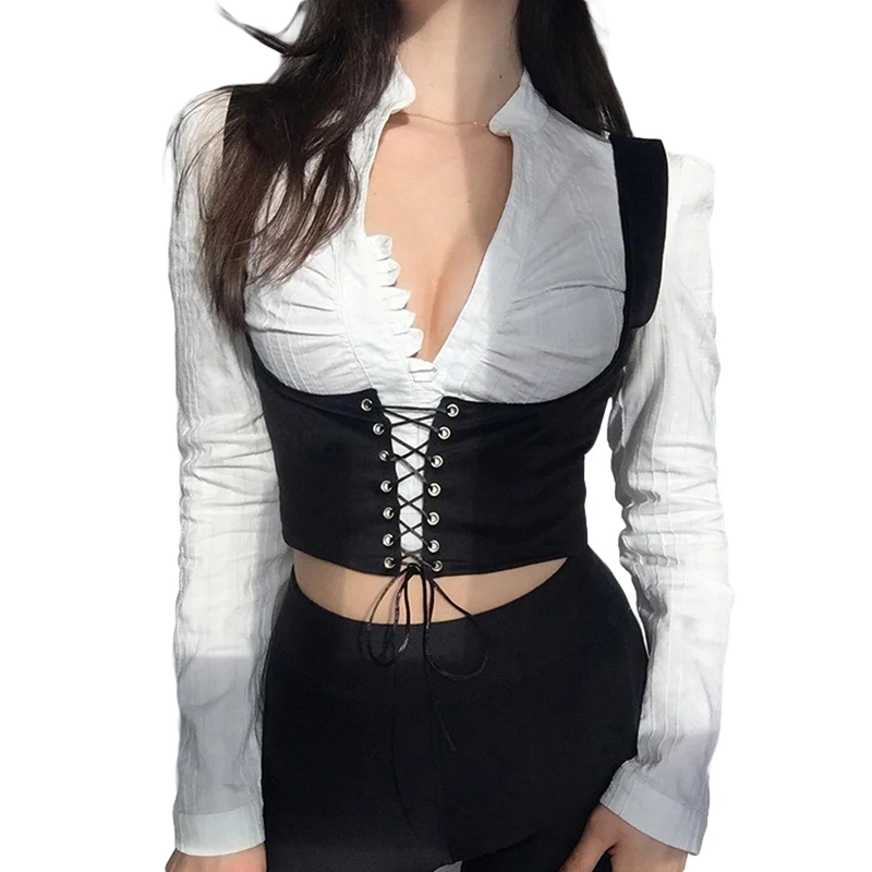 Women Solid Black Brown Tank Top Type Tie Up Corset V-Neck Long Sleeve Single-Breasted Cummerbunds For Women