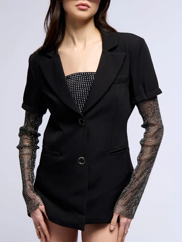 VGH Temperament Patchwork Mesh Blazers For Women Notched Collar Long Sleeve Spliced Diamonds Fashion Blazer Female Clothing New