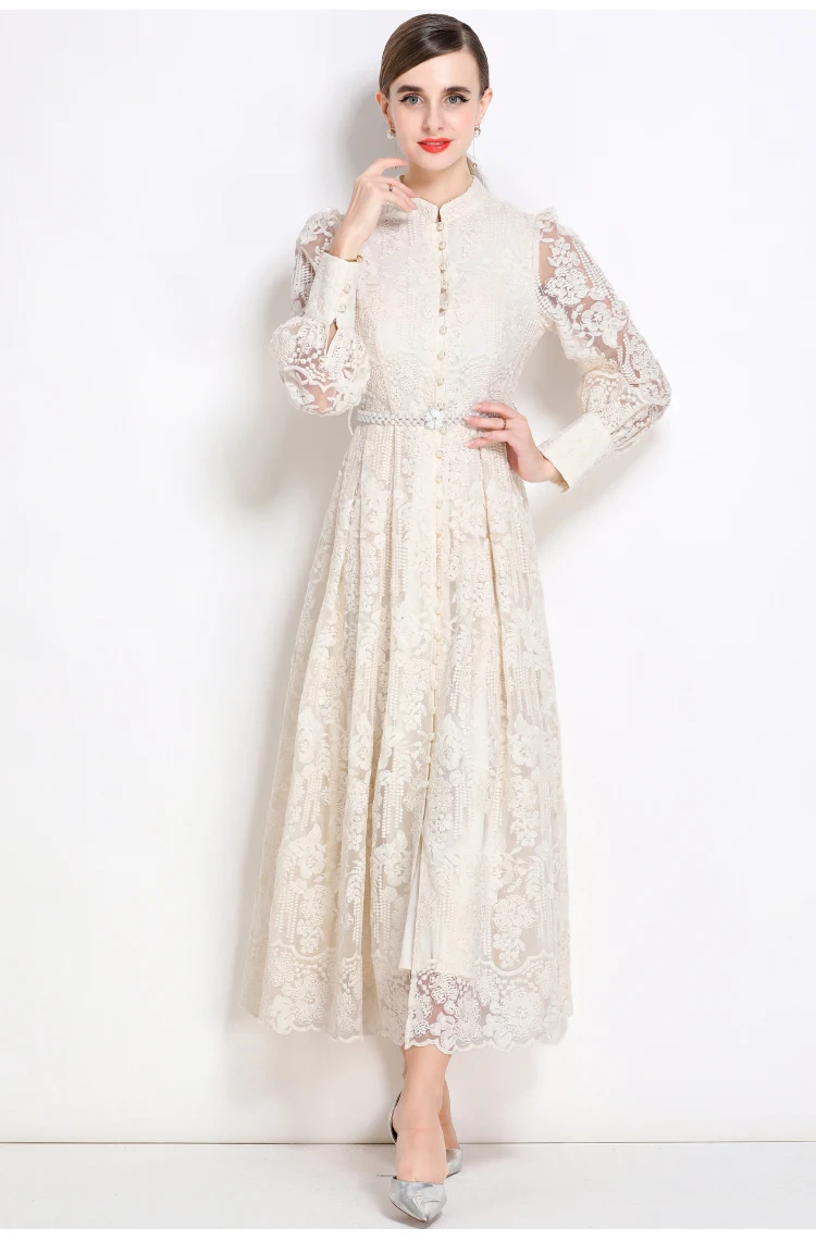 French Luxury Lace Prom Maxi Dress Shirt Women Autumn Holiday Elegant Single Breasted Beading Belt Embroidery Party Long Vestido