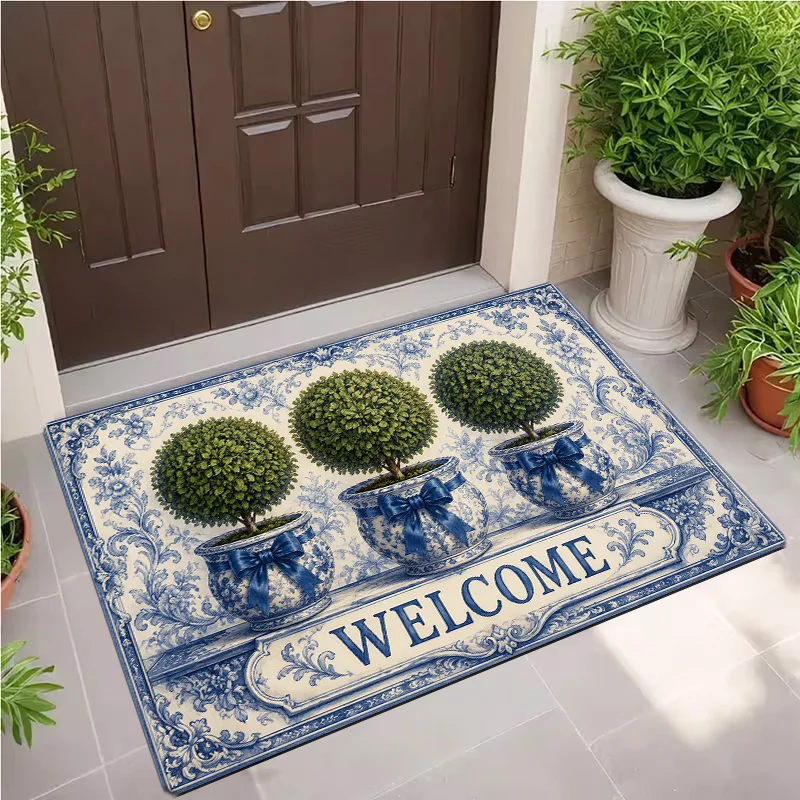 1pc Welcome Doormat Topiary Print Flannel Material Non-Slip Comfortable Easy Clean Perfect for Bedroom Living Room Or Home Decor Entrance Mat Kitchen Bathroom