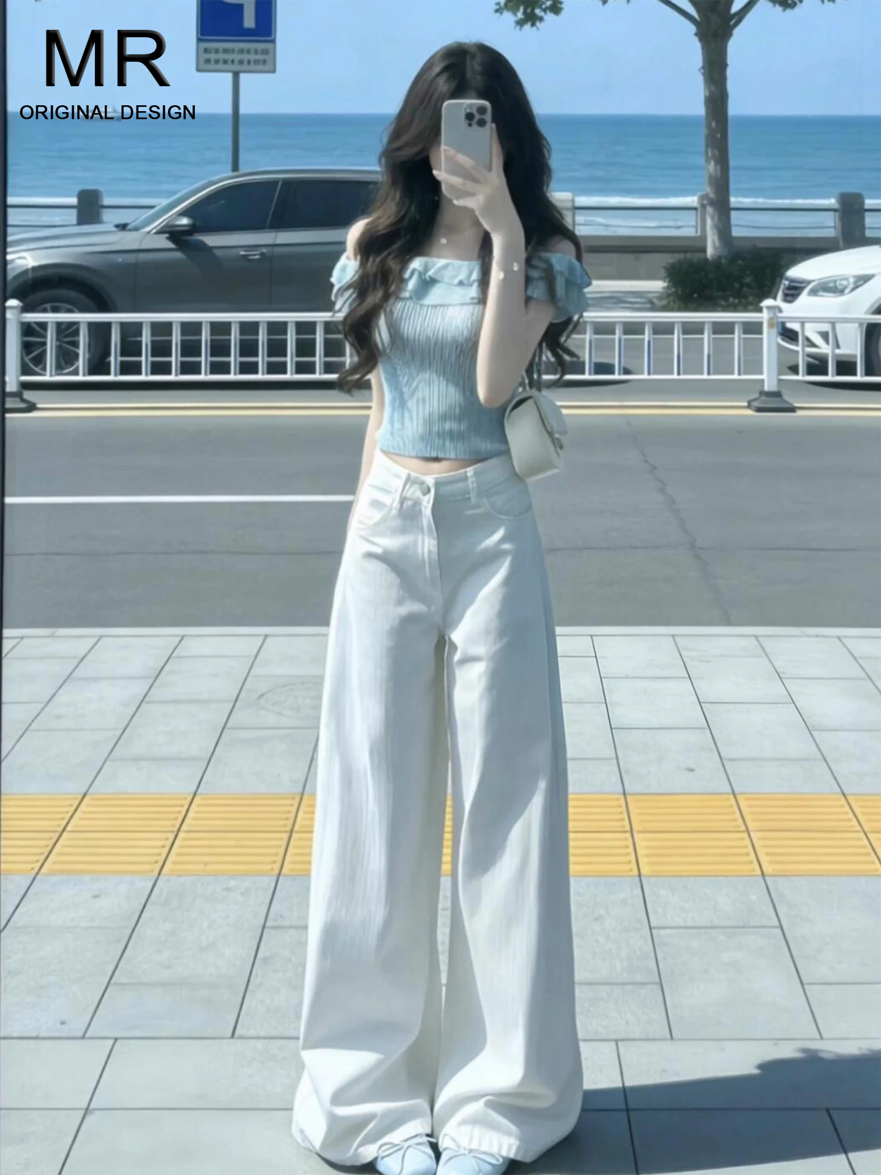 

White American Minimalist Retro Straight Leg Jeans Women's Summer Hot Girl Loose Slim Wide Leg Pants High Waist Casual Jeans