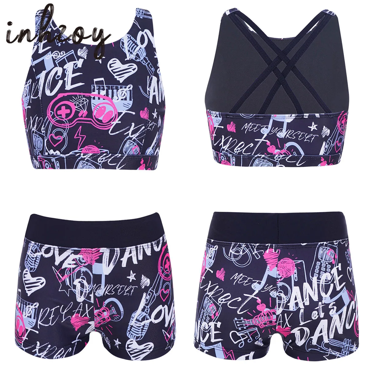 Kids Girls Ballet Dancewear Gymnastics Leotard 2pcs Printed Tanks Crop Top with Shorts Set Workout Yoga Performance Outfit