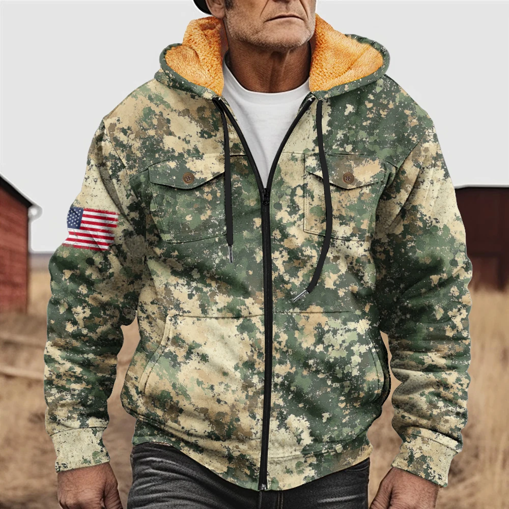 Ropa de abrigo para hombre, chaqueta de invierno de camuflaje, mangas únicas, icono de bandera nacional, tendencia de moda gruesa y cálida