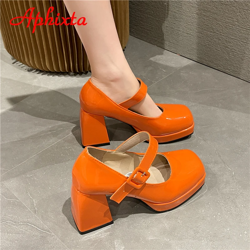 Aphixta 2023 New Platform Square Toe Pumps Women Shoes 7cm Chunky Heels Orange Anti-drop Pimp Buckle Pumps Plus Big Size 35-45