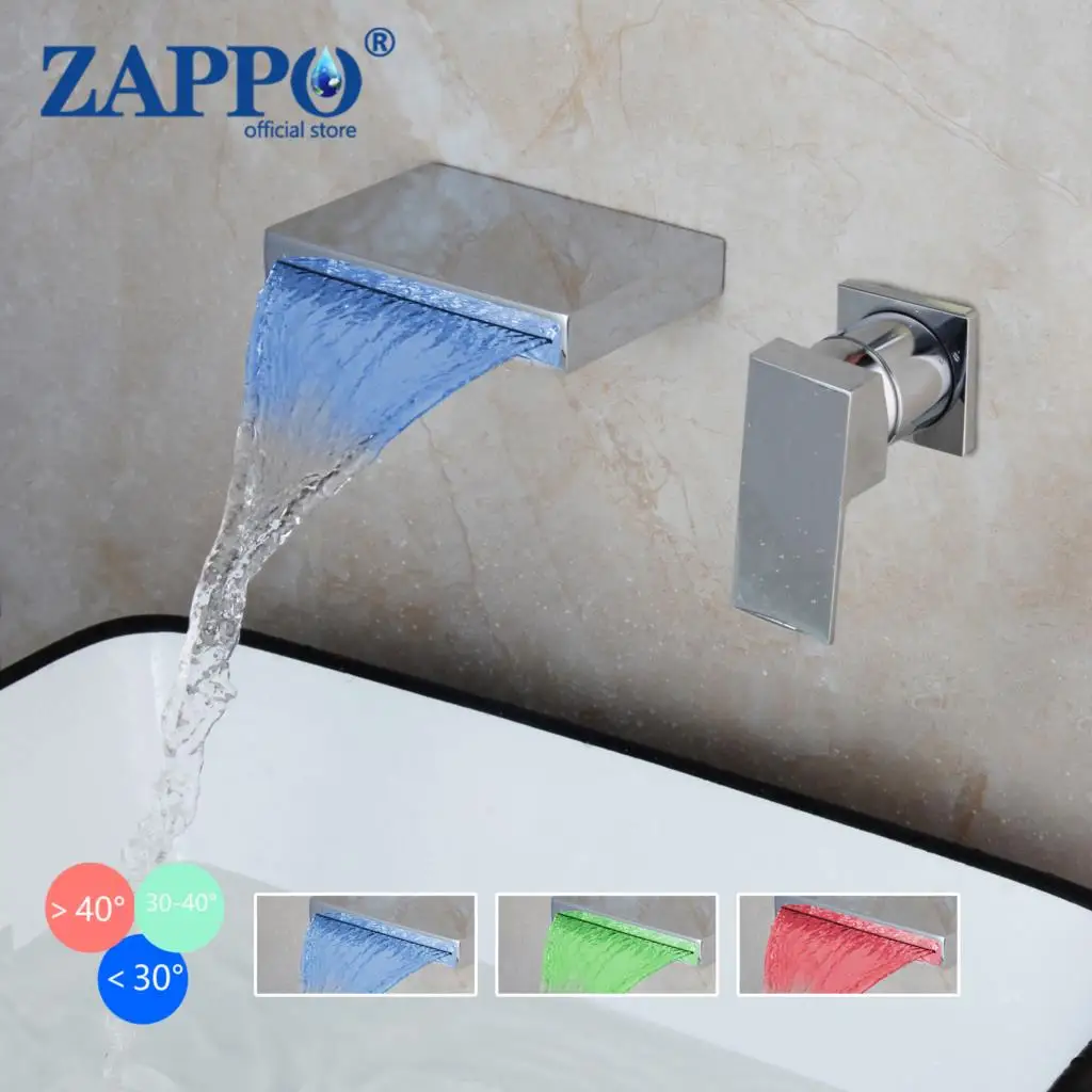 

ZAPPO Chrome Finished Bathtub Faucet Wall Mounted Sink Mixer Bathroom Waterfall Spout Basin LED Tap Bathtub Faucets