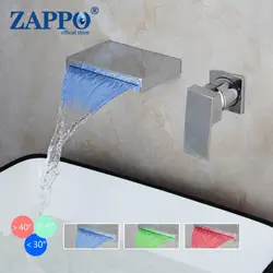 ZAPPO Chrome Finished Bathtub Faucet Wall Mounted Sink Mixer Bathroom Waterfall Spout Basin LED Tap Bathtub Faucets