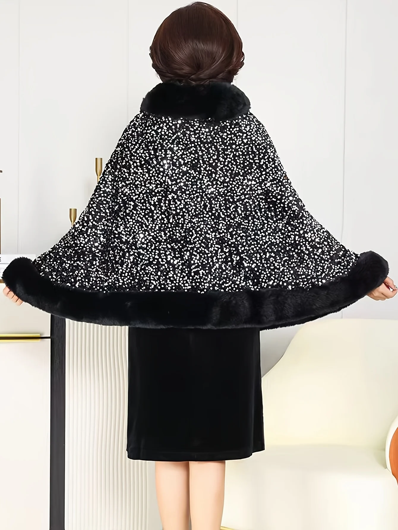 Women's Luxury Sequin Cape Shawl with Faux Fur Trim Perfect for Evening Party and Wedding Sparkly Sequin Fur Trim