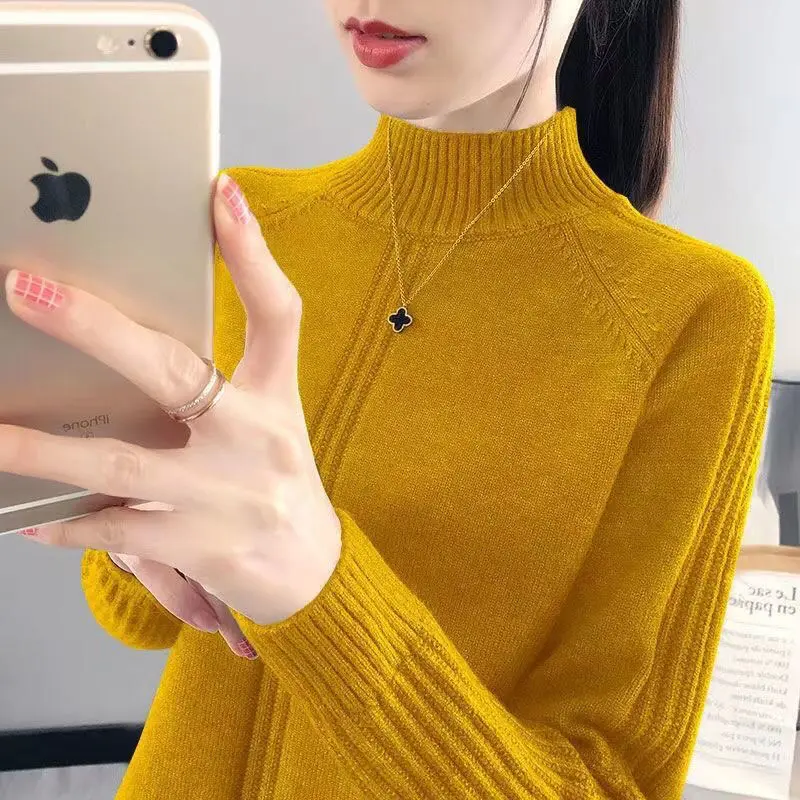 Fashion Solid Color Half High Collar Loose Knitted Sweater Women Clothing 2022 Autumn New Casual Pullovers All-match Warm Tops