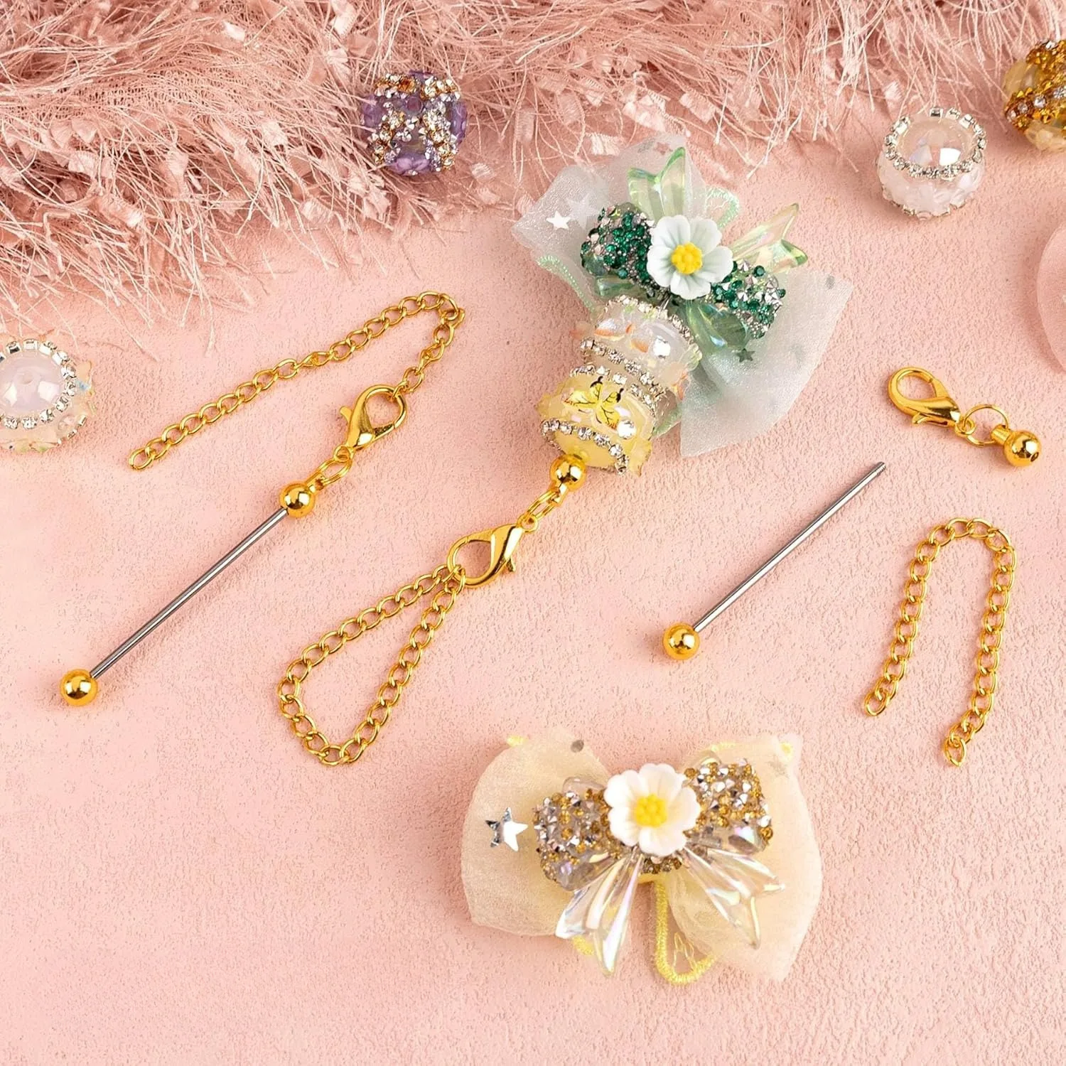 20Pcs Beaded Rod Pendants for DIY Keychains, Jewelry Making Supplies, Craft Components with Metal Bars for Personalized Gifts