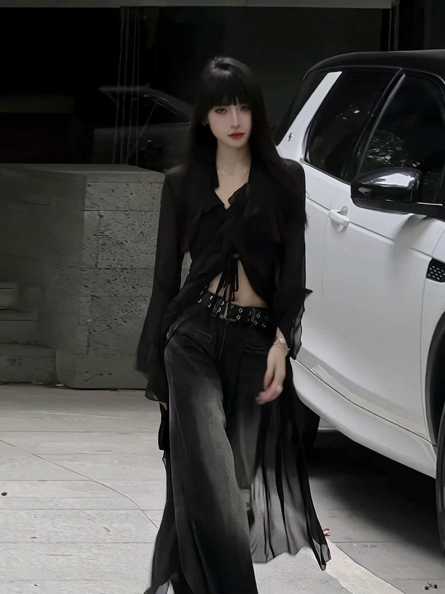 

Сексуальное сетчатое платье-кардиган с защитой от солнца и поясом, женское стильное платье для повседневной носки, облегающее, с длинными рукавами, миди-юбка, корейская версия