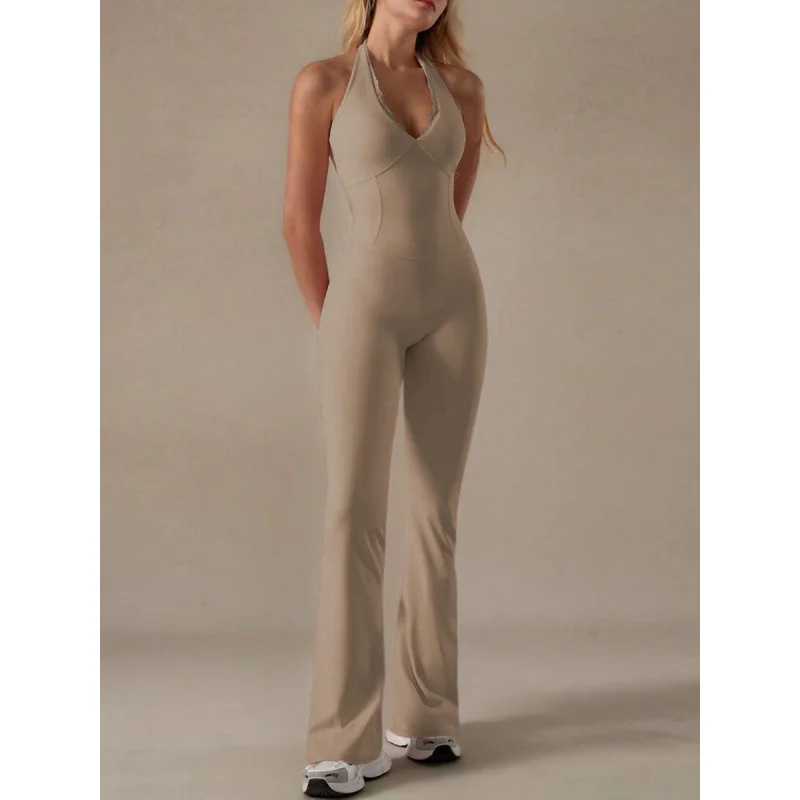 가슴 패드가 있는 여성용 레이스 넥라인 요가복, 홀터넥 점프수트, 필라테스 바디수트