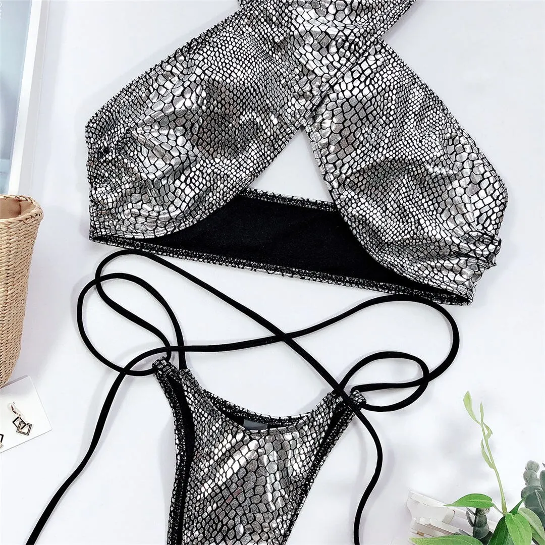 2026 Glänzender Neckholder-Tanga-Bikini Damen-Bademode Zweiteiliger Bikini-Set Wickel-Badeanzug Badebekleidung V2089 – Detail 17