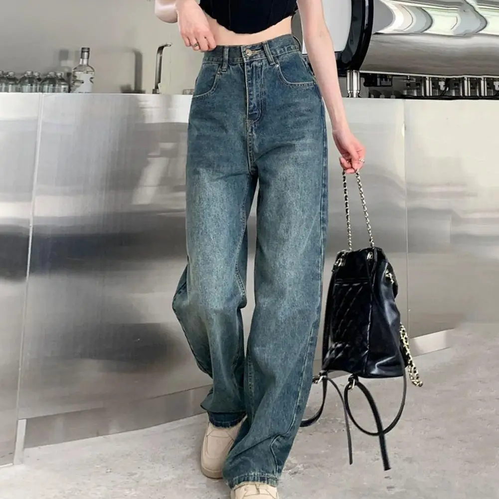 Anti-wrinkle High-waist Jeans High-waist Jeans Stylish Women's High Waist Wide Leg Denim Pants with Ripped Pockets Button for A