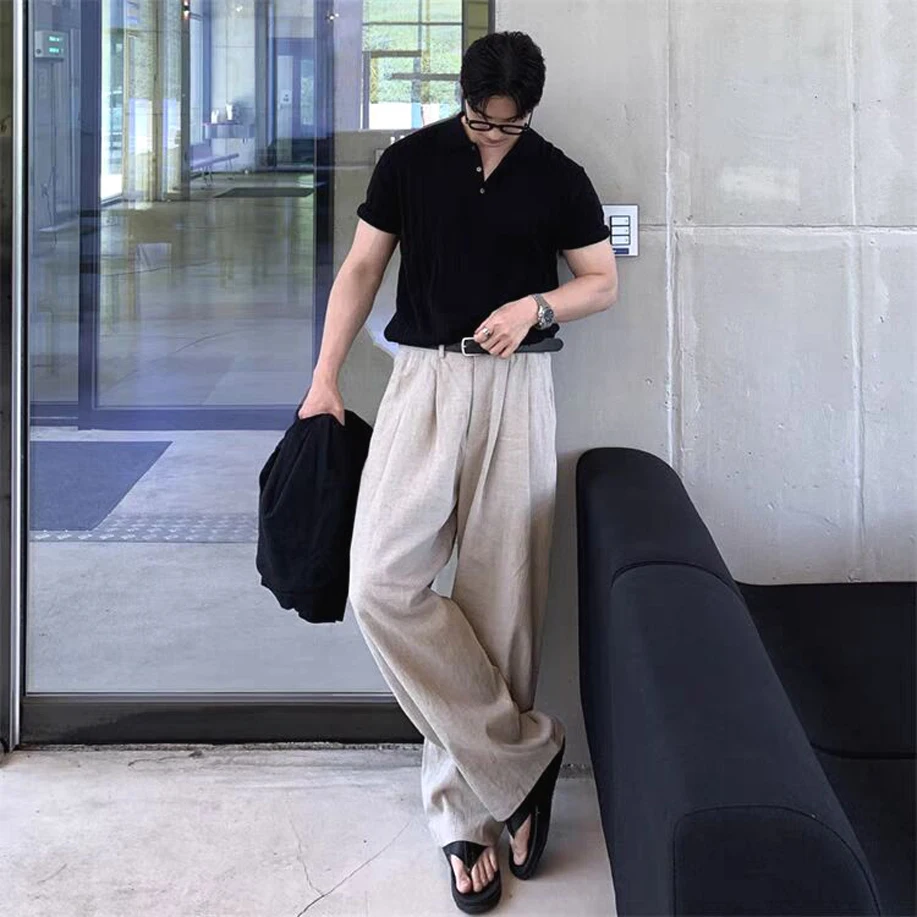 

Корейские высококачественные мужские брюки из хлопка и льна, свободные, прямого кроя, широкие, повседневные, молодежные, всесезонные