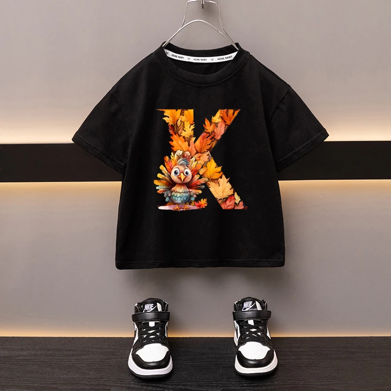 Maple Leaves Letter K Children T-shirt Kawaii Clothes for Girls T Shirt Anime Cartoons Casual Kid Boy Short Sleeve Tops New 2024