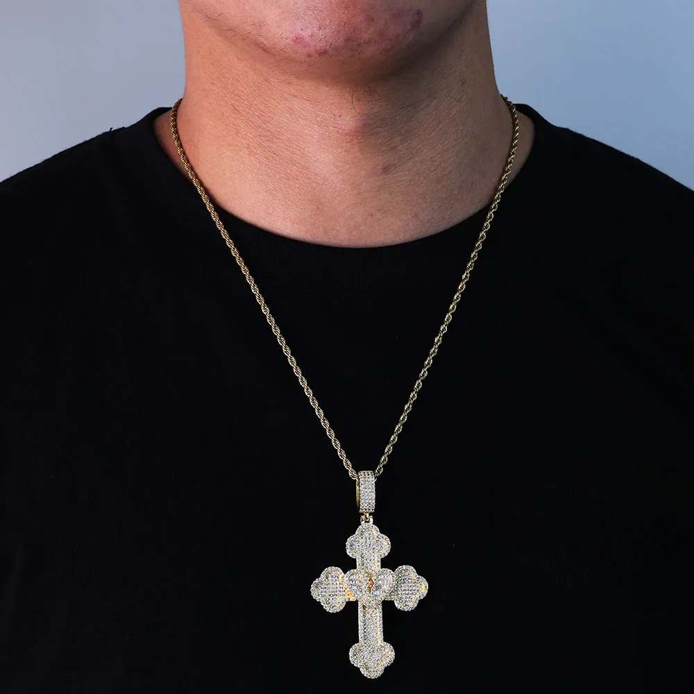 

HHIOk новый стиль большой кулон с крестом ожерелье Iced Out ювелирные изделия Bling CZ камень позолоченный кулон в форме сердца с крестом для мужчин и женщин
