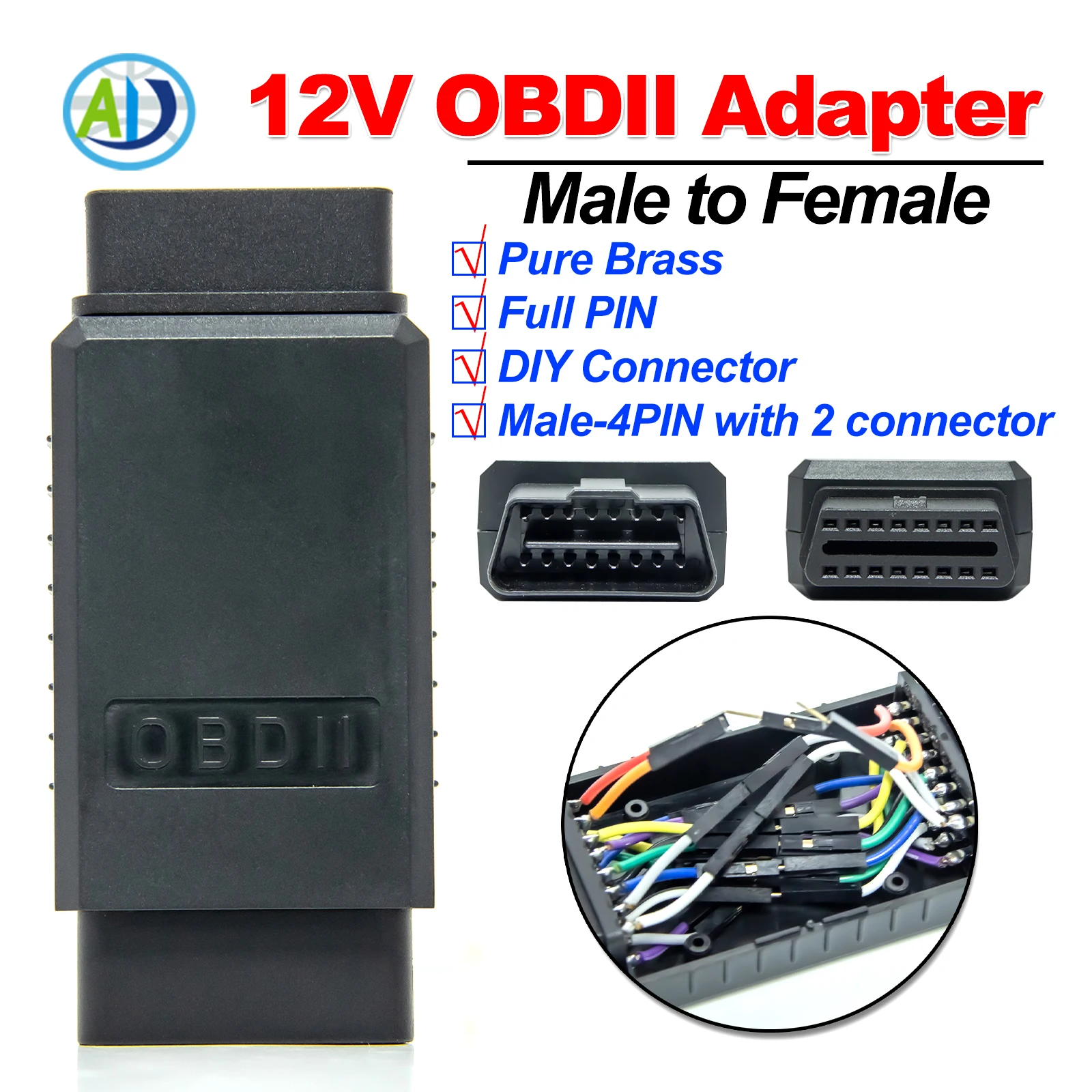 

12V DIY OBDII Adapter 16Pin Male to Female Connector OBD2 Diagnostic Adapter Car DIY Pin Converter Full-Pin Diagnostic Connector