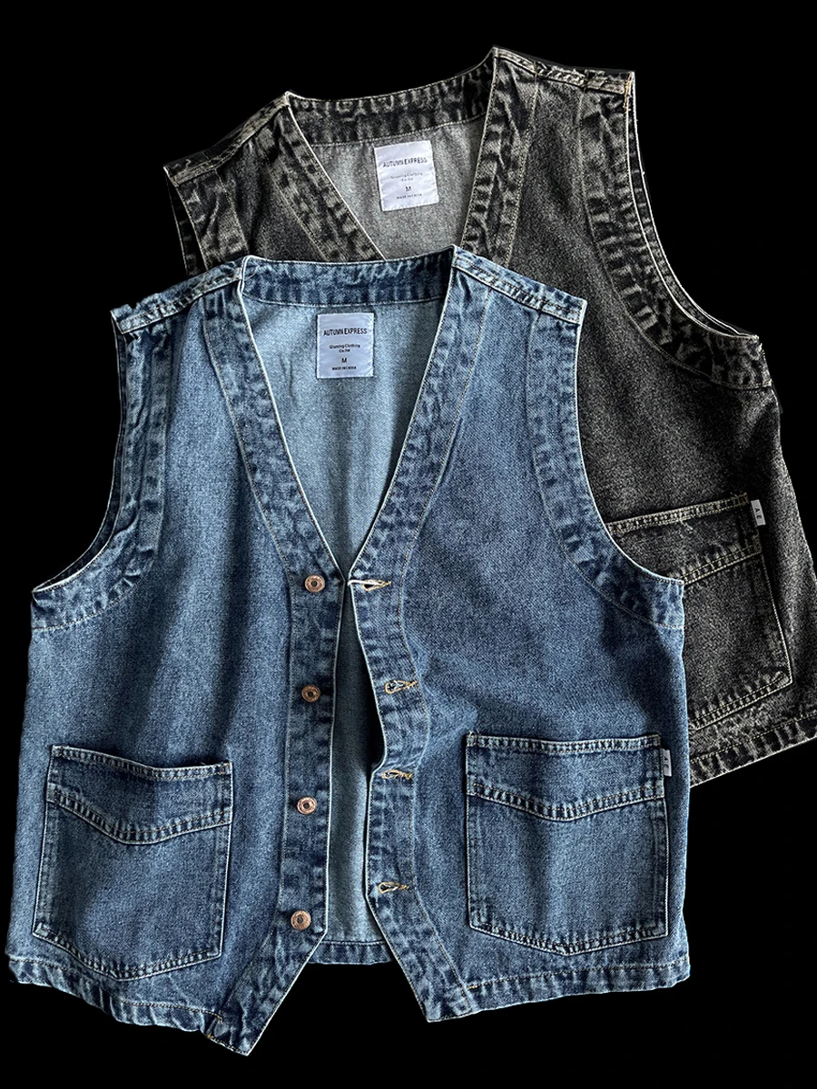 

Waed Denim Vest Casual Vintage Sle Button Decorated Cotton Polyester Blend Fabric V-Ne Svel Outerwear