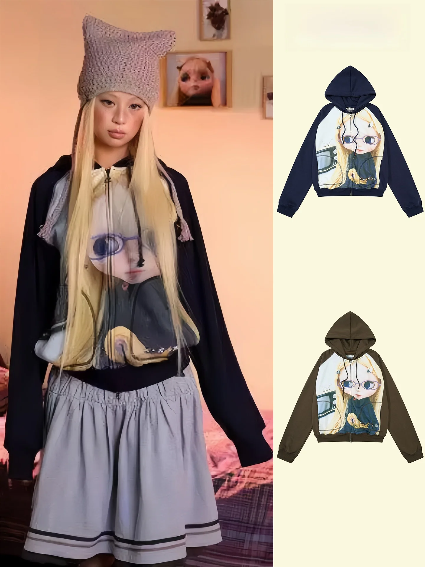 

Толстовка на молнии Coyseio Blythe Collaborative с принтом куклы, женская, свободного кроя, двухслойная, из хлопка, с длинными рукавами, теплая
