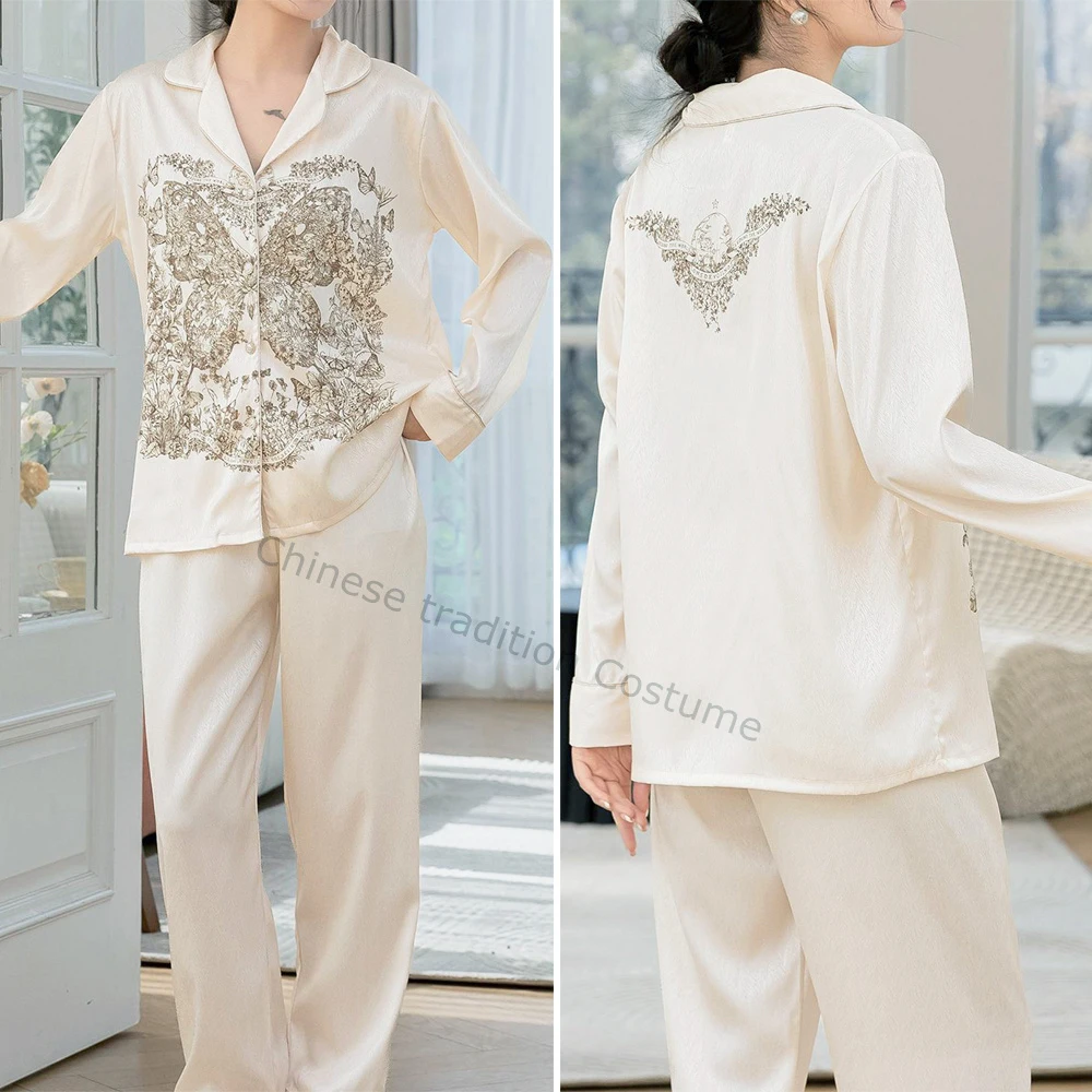 Butterfly Print Nightwear Lady Satin Pajamas Suit 2Pcs Long Sleeve Top&pants Home Clothing Women Loose Rayon Sleepwear Outfit