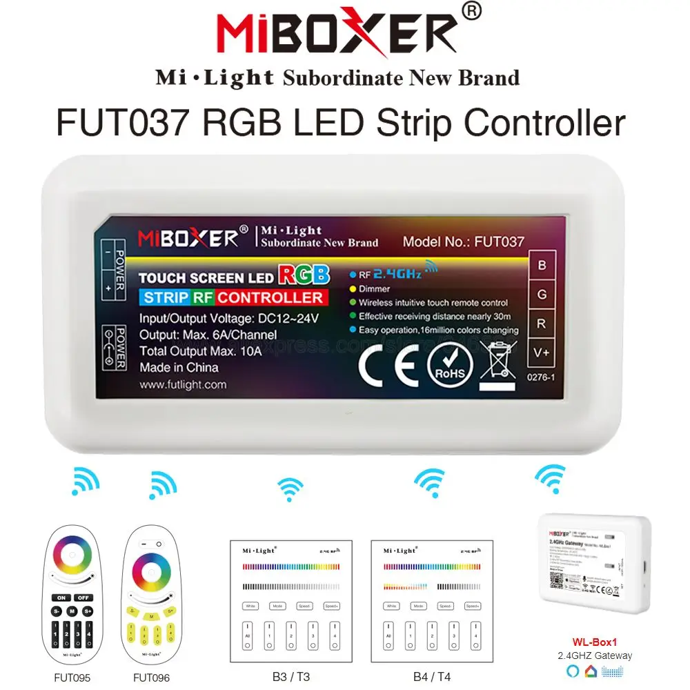 MiBoxer 4-Zone Smart RGB LED Strip Controller FUT037 DC12V 24V 10A Support 2.4G Remote WiFi Control work with RGB LED Strip