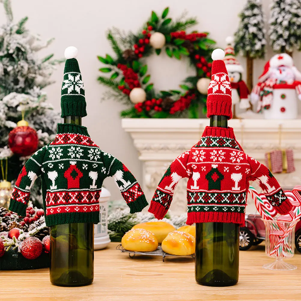 

1 Plaid Christmas Sweater Bottle Cover Set Knitted Red Decorative Felt Accessories Holiday Party Table Atmosphere