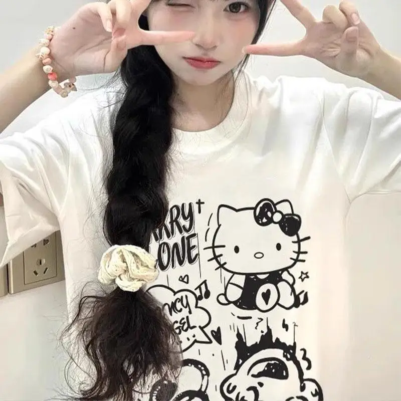 

Футболка Hello Kitty Y2K, женская свободная версия Sanrios, модные футболки, летние повседневные уличные готические топы с короткими рукавами для девочек