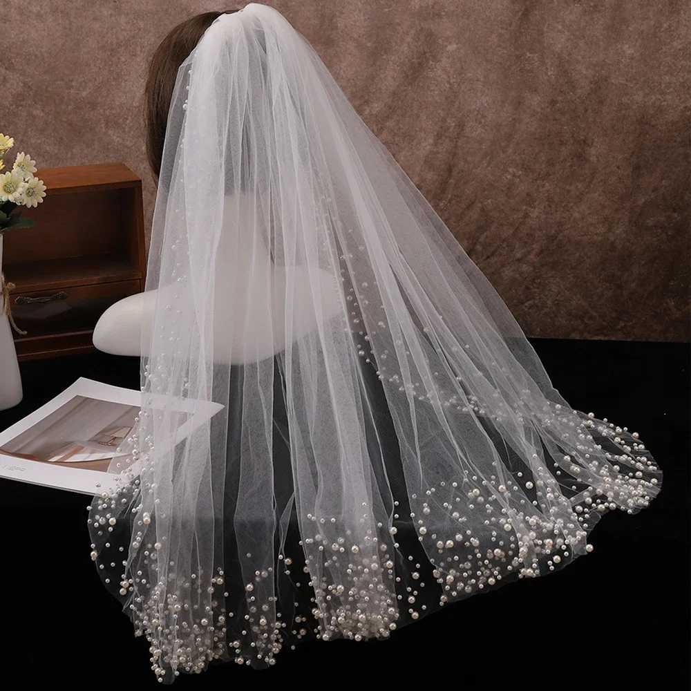 

1T Short Wedding Veils Pearls Elegant Bridal Veil