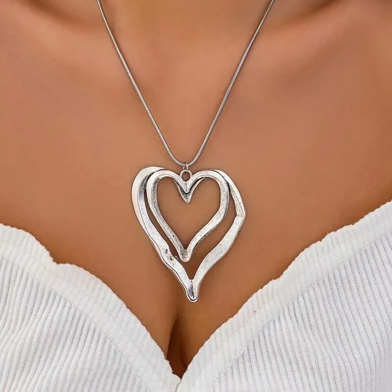 Obega Big Hollowout Heart Pendant Necklaces Women Gold SIlver Color Thick Chains Metal Love Heart Design Women Necklace Jewelry