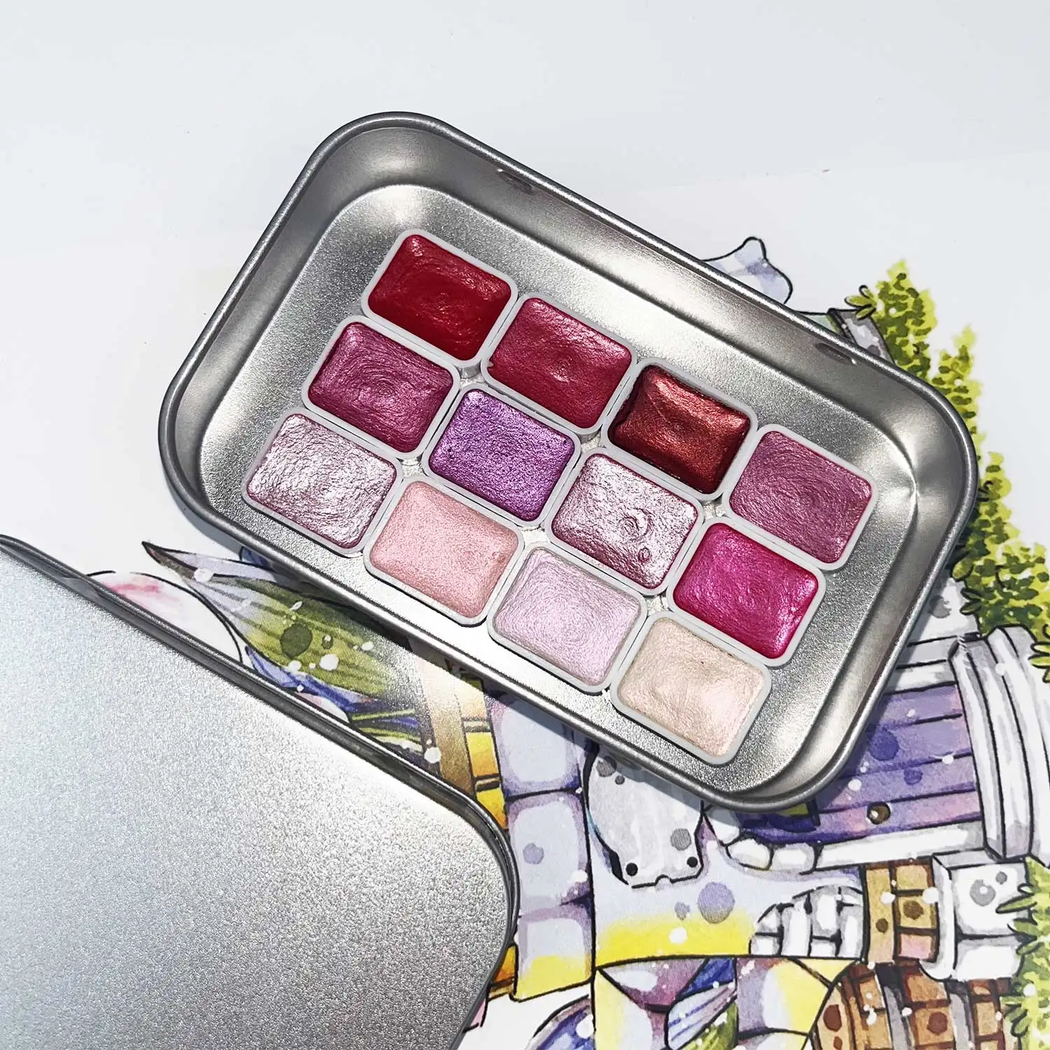 12 Glitter Watercolor Paint Set Flash Pearlescent With Metal Box Solid Watercolors Painting Pigments Painting Supplies
