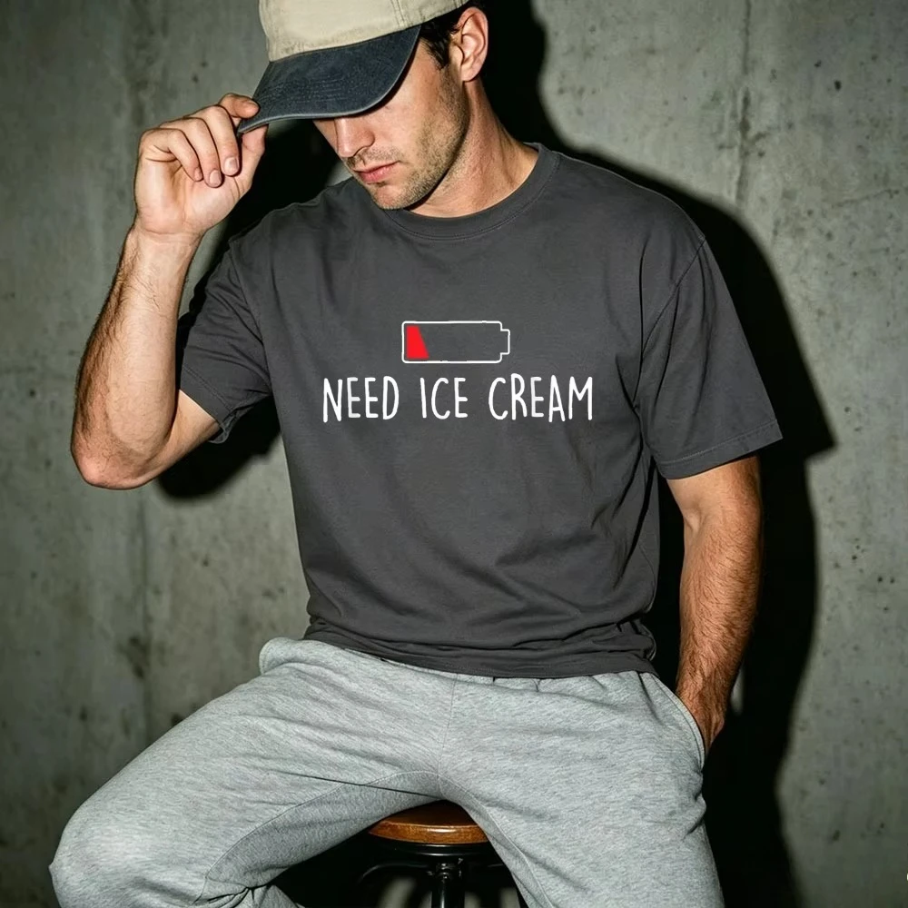 Need Ice Cream Low Battery Funny Food Pun Graphic T Shirt Men Short Sleeve Casual Summer Tee Gift For Snack Lovers