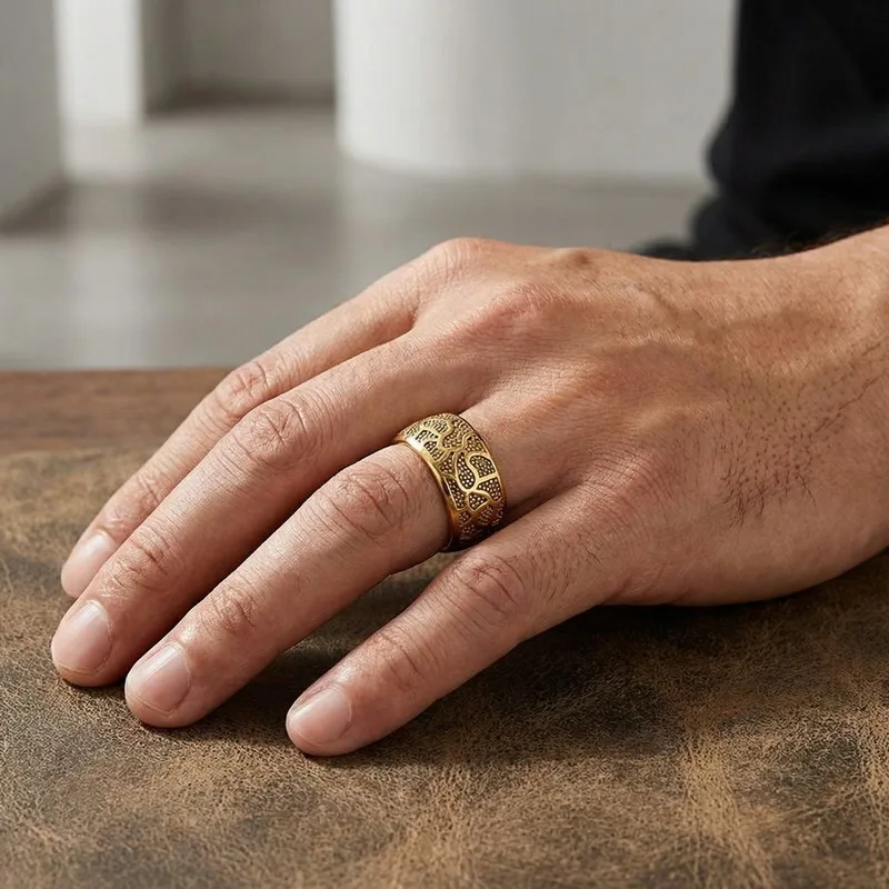Fongten Retro Men's Stainless Steel Bold Ring Exquisitely Crafted Irregular Totem Floral Drum-Shaped Wide Ring Fashion Jewelry