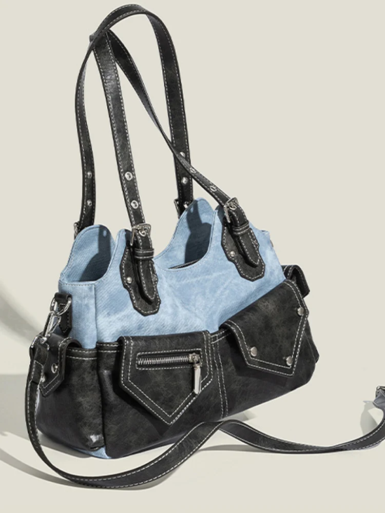 

Fashion casual PU leather splicing Niche Motorcycle Underarm Bag for Women 2025 New Spring Summer Gift Commuter Crossbody Bag