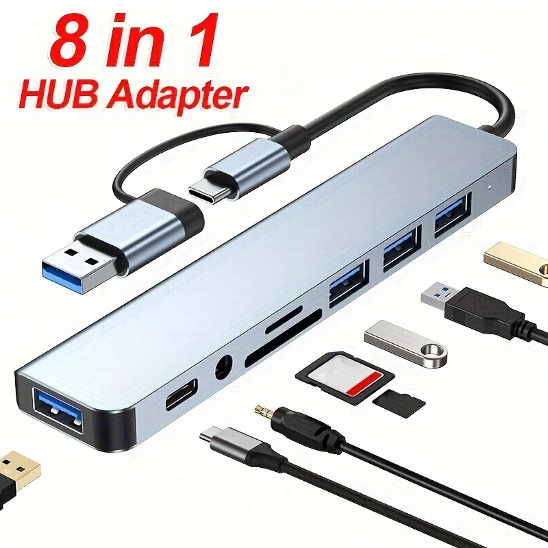 8-in-1 USB C/A Hub Splitter Multiport-Adapter 5Gbps USB 3.0 TF SD Kartenleser 3,5mm Audio-Buchse Typ-C für Laptop und Smartphone