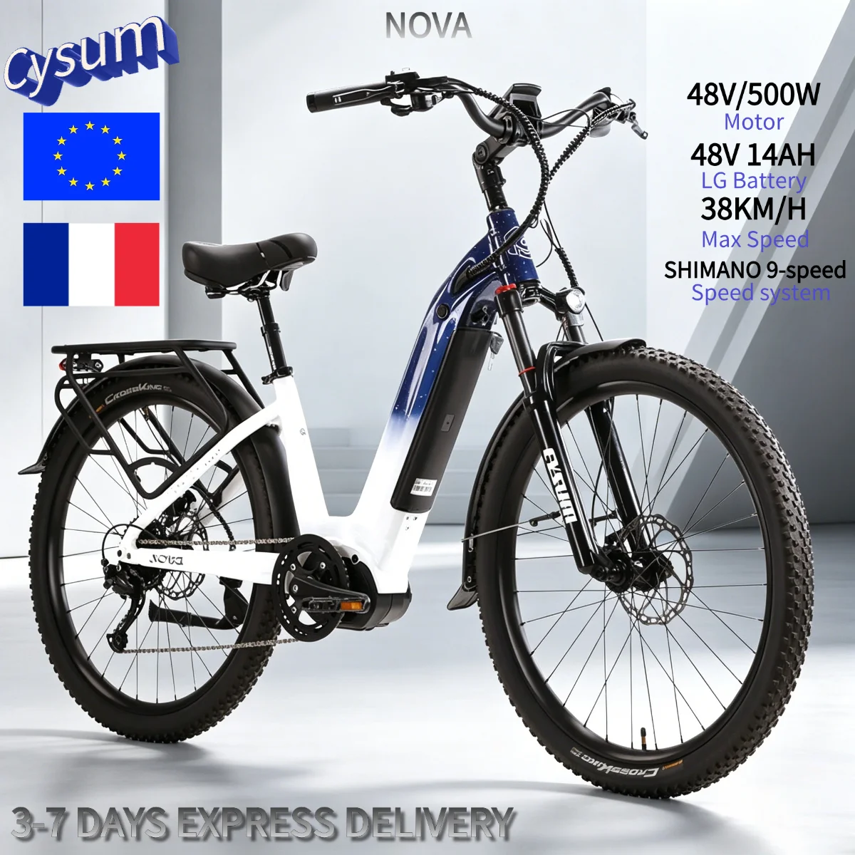Vélo électrique Cysum Nova, pneus Continental 27,5 pouces, moteur central 500W, batterie LG 48V 14Ah, SHIMANO 9 vitesses, vélo de ville pour l'UE
