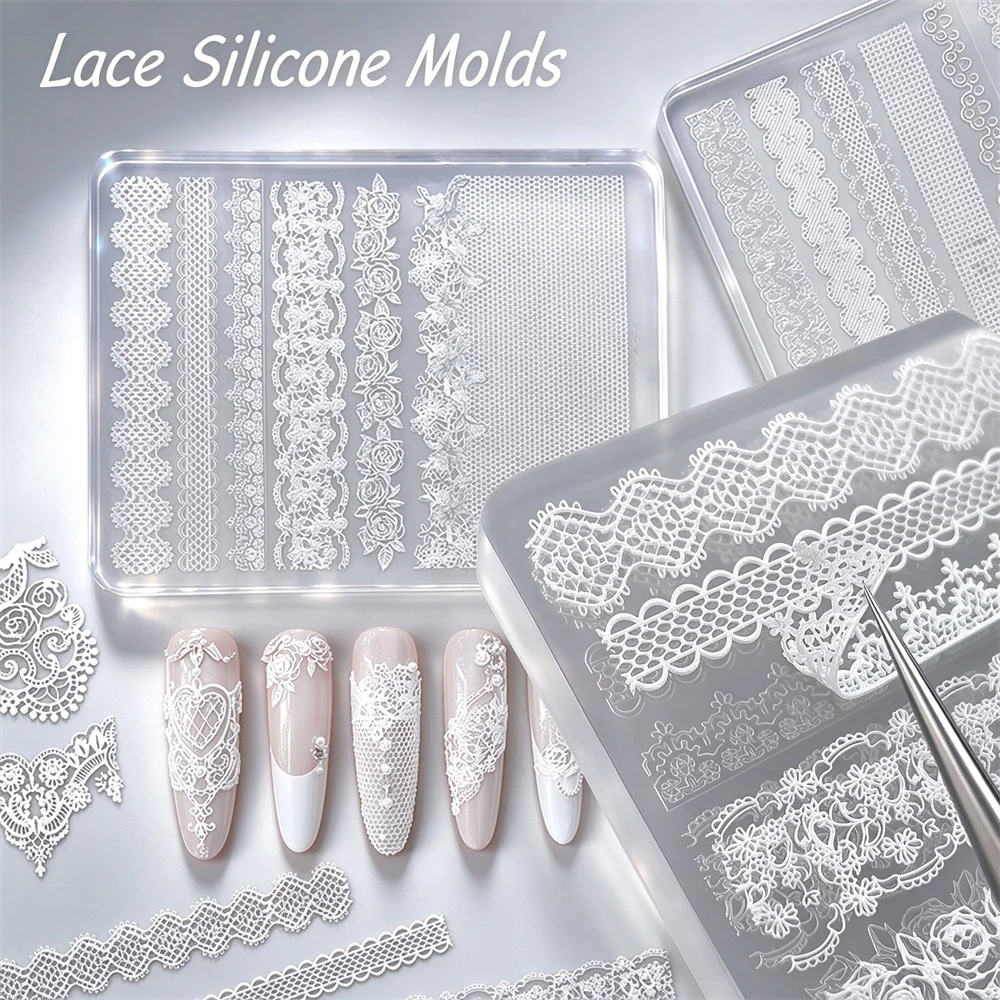 1Pc Lace Silicone Nail Molds 3D Embossed Floral Rose Reusable Stamping Plate for Acrylic Press On Nails DIY Manicure Supplies