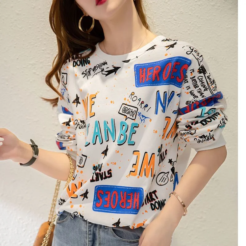 Classic Fashion Printing Letter Sweatshirts Women High Quality Long Sleeve Loose O-collar Slim Casual All-match Lady Thin Top