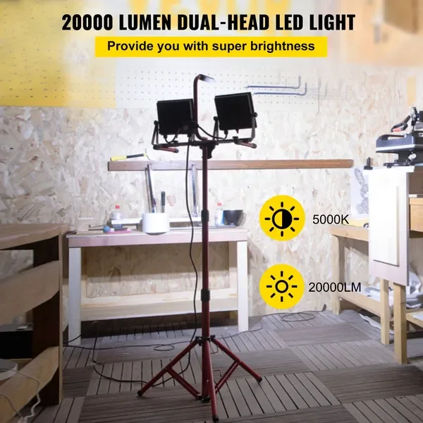 VEVOR Lampe de travail LED avec support, lampe de travail LED à double tête de 20 000 lumens avec trépied réglable et pliable de 27,6 à 68,1', IP6
