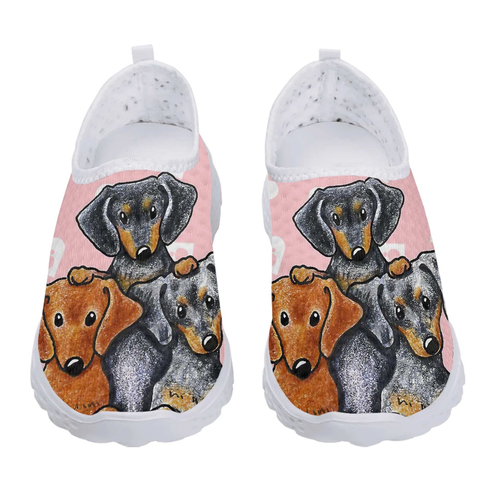 Fashion Cartoon Dachshund Print Lightweight Breathable Mesh Shoes Pink Heart Print Loafers Soft Casual Sneakers