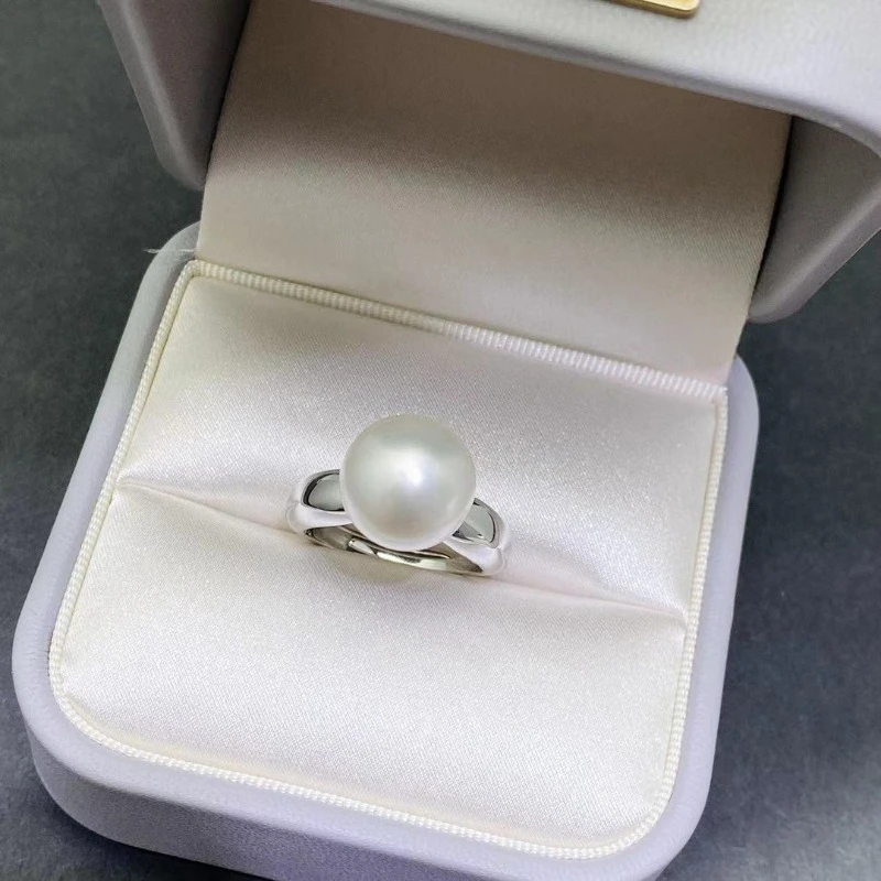 Natural Pearl Ring 11-12mm White Pearl Fine Ring Silver Jewelry Set Round Beads