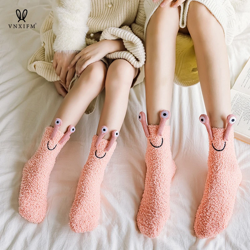 Autumn and winter cute coral fleece socks home warm cartoon frog sleep socks Japanese sweet color floor cotton socks for girls