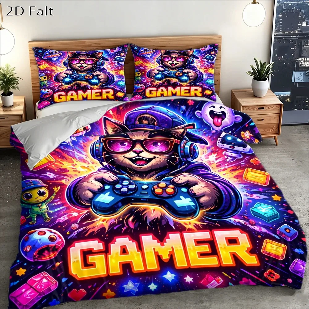 Soft Duvet Cover Set of Three, 2D Flat Printed Duvet Cover Set, Bedding Set with Trendy E-Sports Style Cat Game Theme, Suitable for All Seasons, Machine Washable, Invisible Zipper, Large Duvet Cover Set, Bedding Set, Quilt Cover