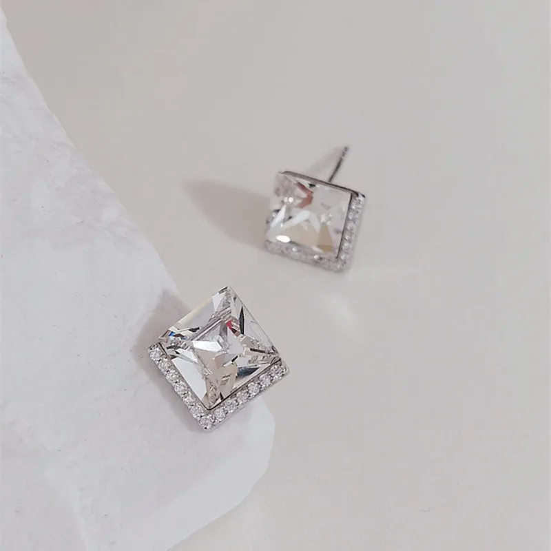 

925 Simple earrings sterling silver white rhinestone earrings temperament set diamonds all square body silver
