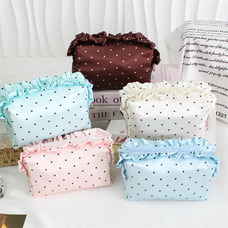 Polka Dot Satin Cosmetic Bag With Ruffle Edge Large Capacity Storage Pouch Elegant Soft Clutch Travel Toiletry Bag For Women