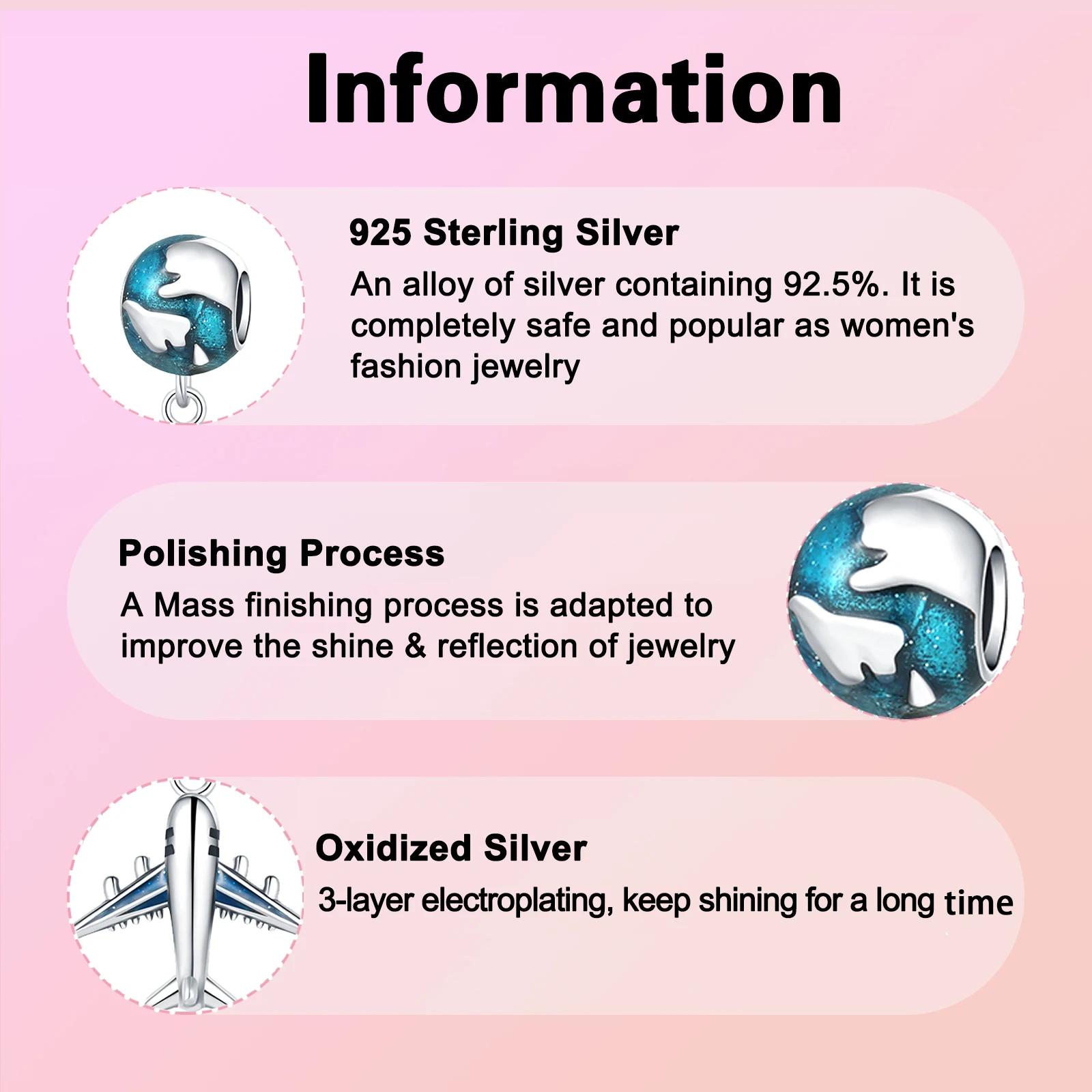 925 Sterling Silver Airplane Earth Pendant Charm Fit  Charms Bracelets Women DIY Jewelry Gift